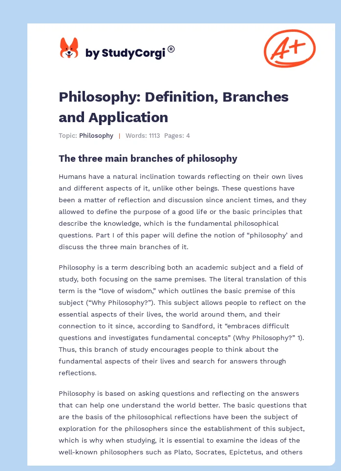 Philosophy: Definition, Branches and Application. Page 1