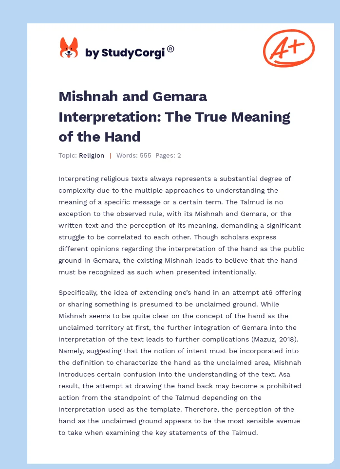 Mishnah and Gemara Interpretation: The True Meaning of the Hand. Page 1