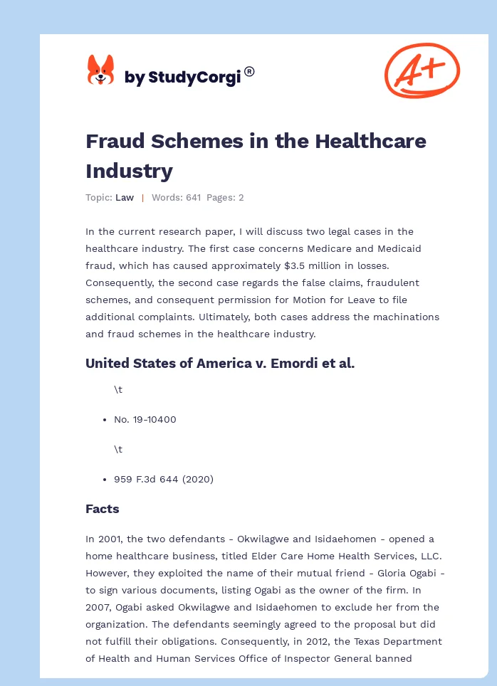 Fraud Schemes in the Healthcare Industry. Page 1