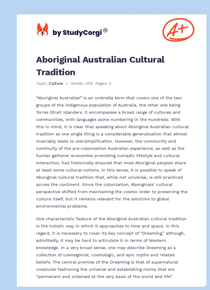 Aboriginal Australian Cultural Tradition. Page 1