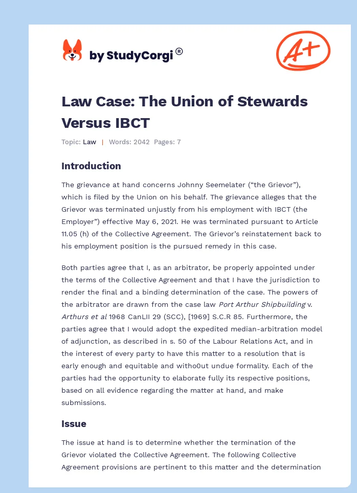 Law Case: The Union of Stewards Versus IBCT. Page 1