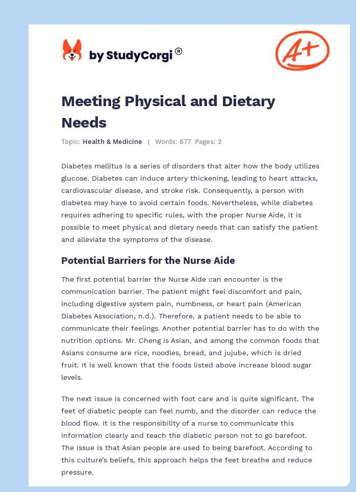 Meeting Physical and Dietary Needs. Page 1