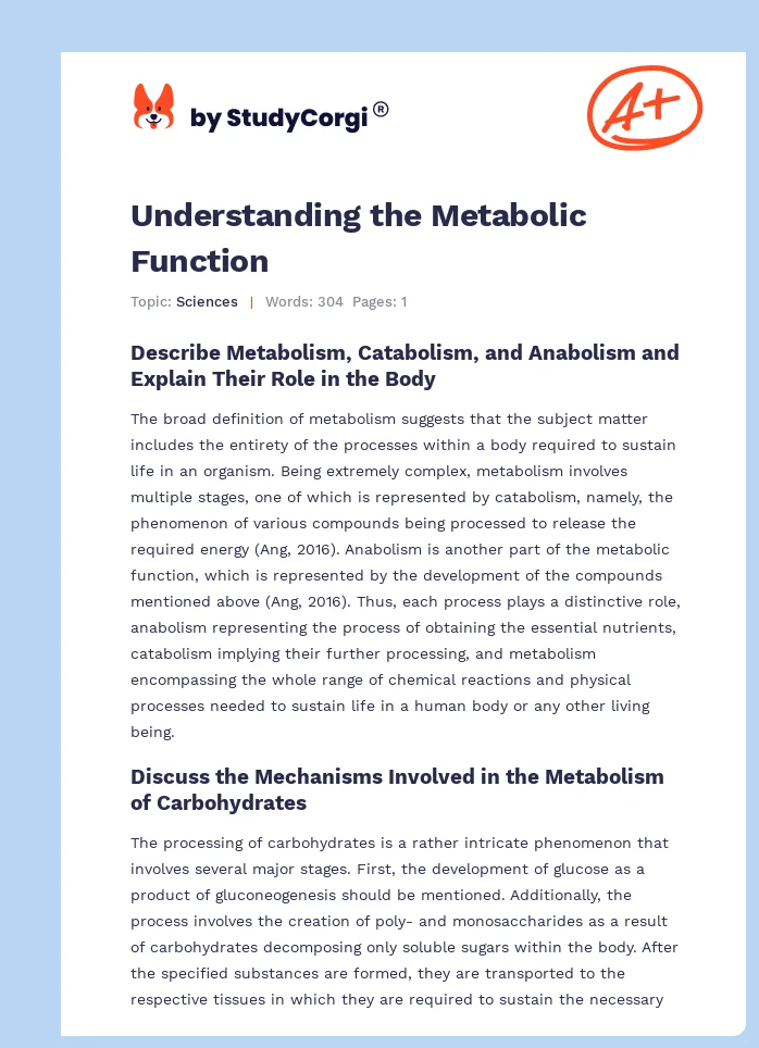 Understanding the Metabolic Function. Page 1