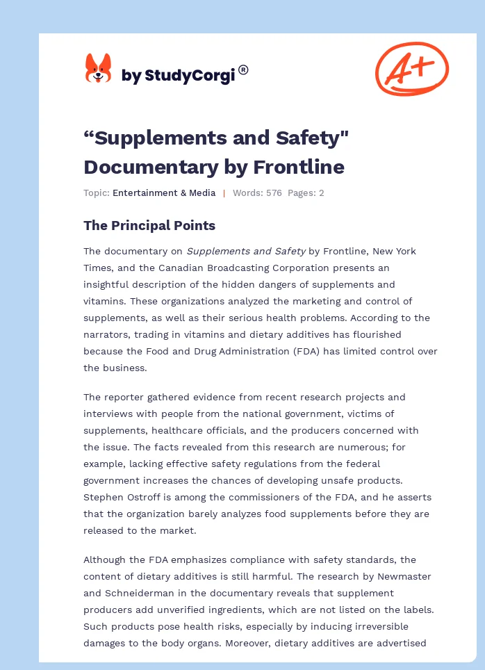 “Supplements and Safety" Documentary by Frontline. Page 1