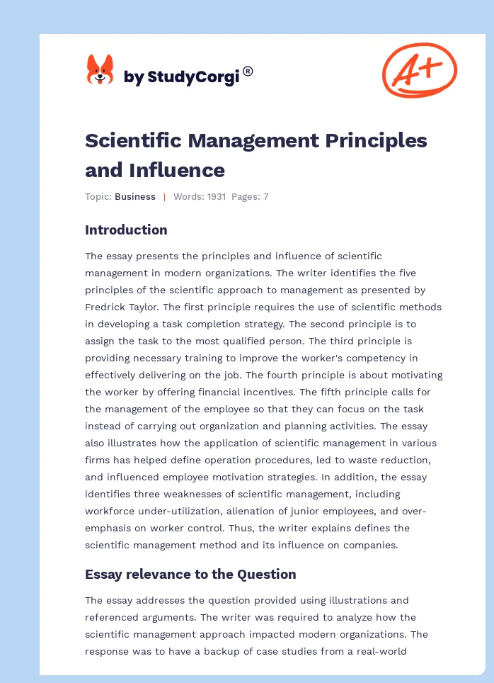 Scientific Management Principles and Influence. Page 1