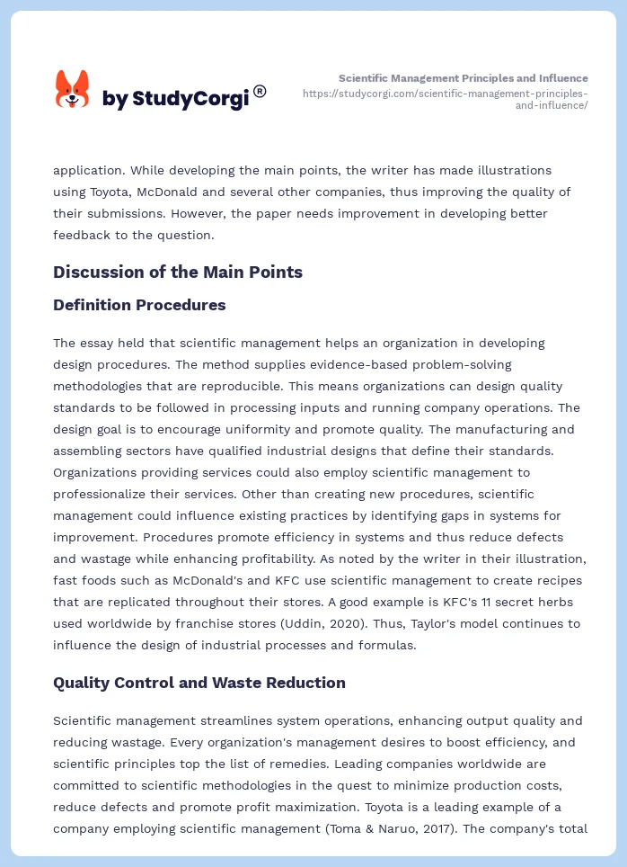 Scientific Management Principles and Influence. Page 2