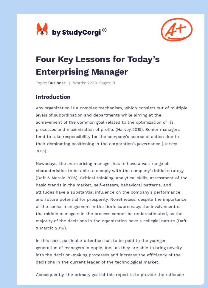 Four Key Lessons for Today’s Enterprising Manager. Page 1