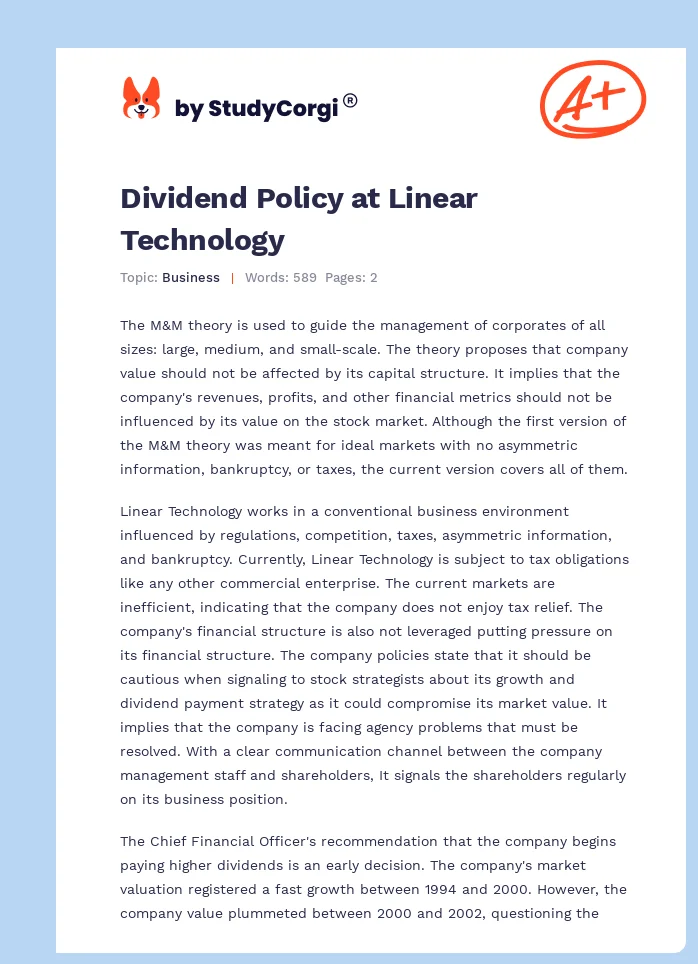 Dividend Policy at Linear Technology. Page 1