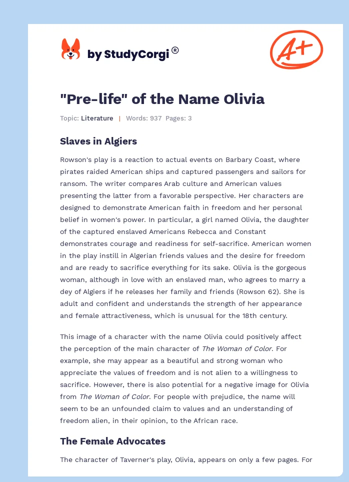 "Pre-life" of the Name Olivia. Page 1