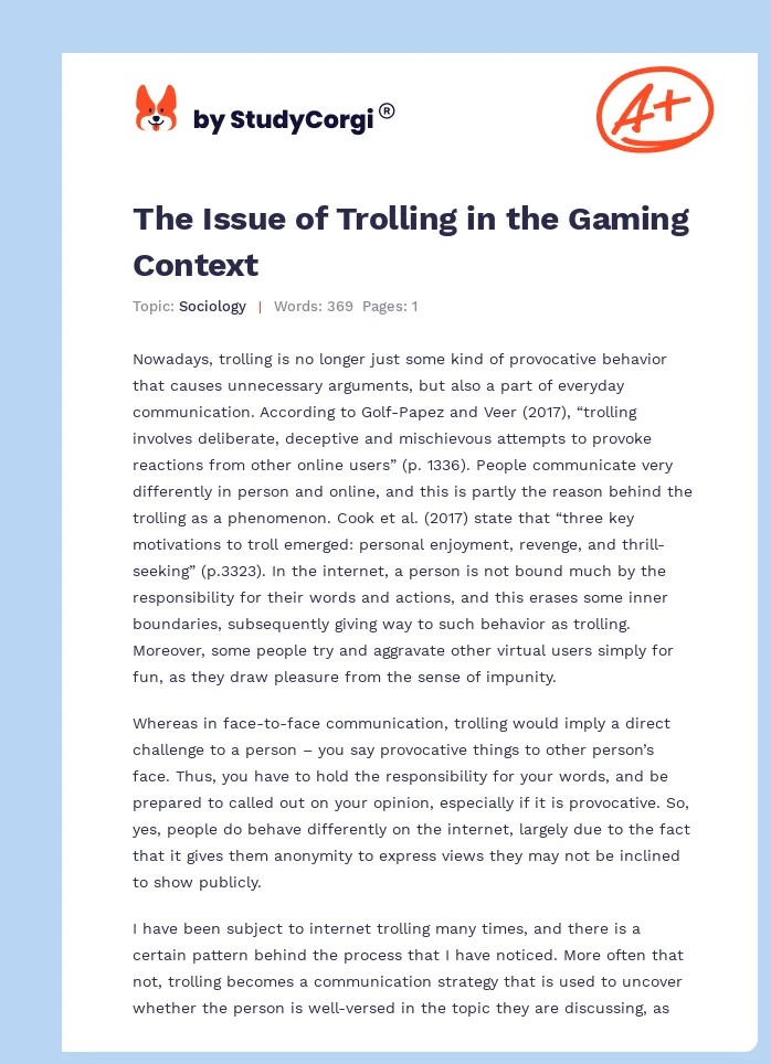 The Issue of Trolling in the Gaming Context. Page 1