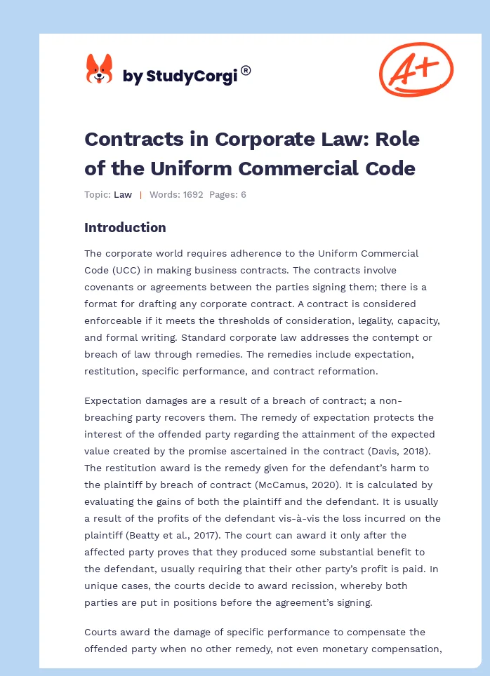 Contracts in Corporate Law: Role of the Uniform Commercial Code. Page 1