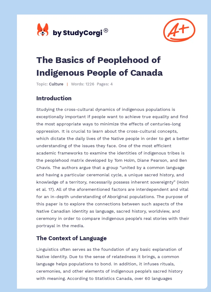 The Basics of Peoplehood of Indigenous People of Canada. Page 1