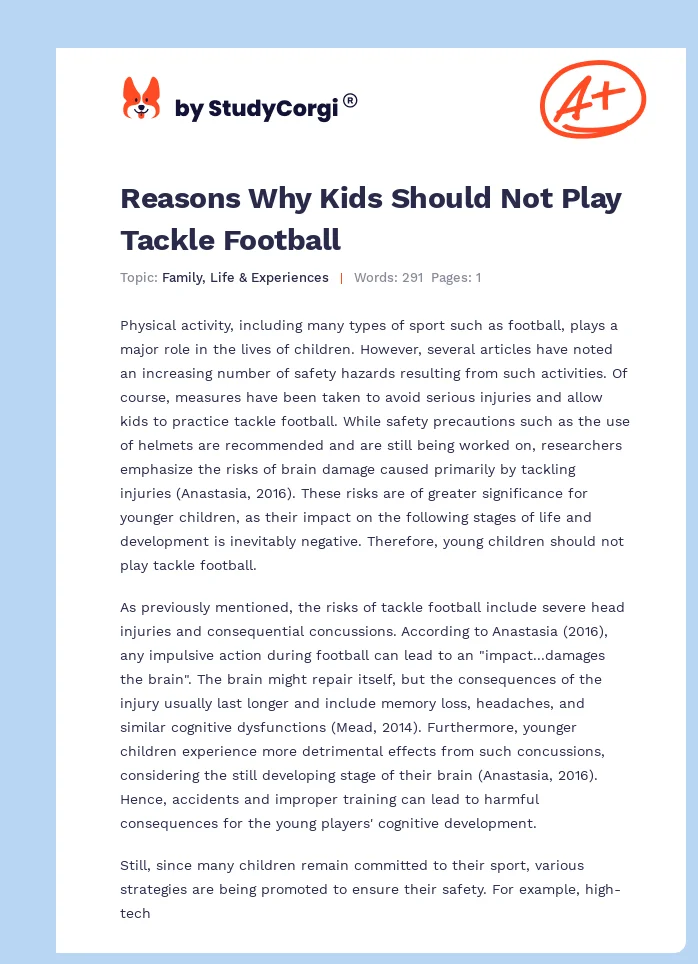 Reasons Why Kids Should Not Play Tackle Football. Page 1