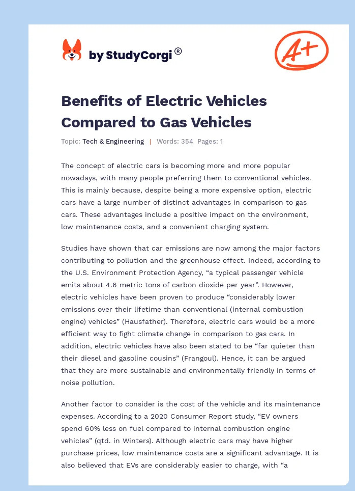 Benefits of Electric Vehicles Compared to Gas Vehicles. Page 1
