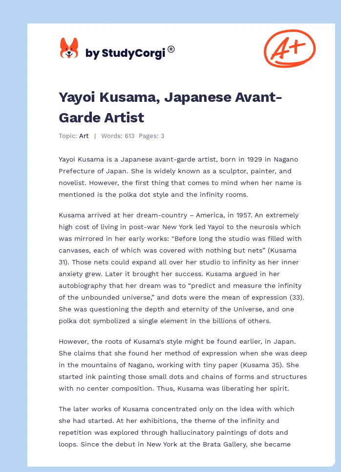 Yayoi Kusama, Japanese Avant-Garde Artist. Page 1