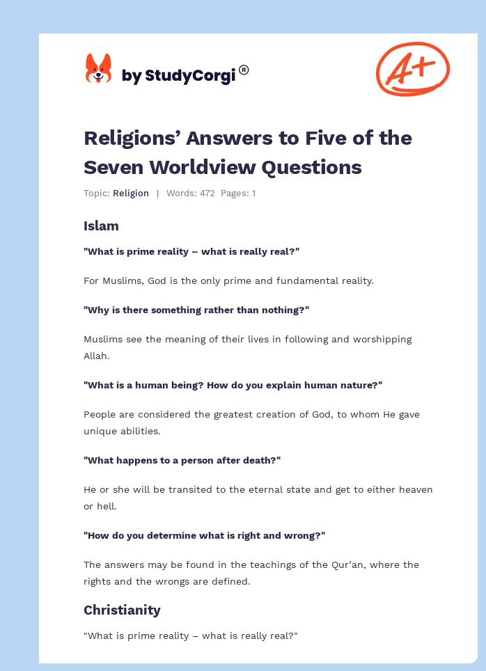 Religions’ Answers to Five of the Seven Worldview Questions. Page 1