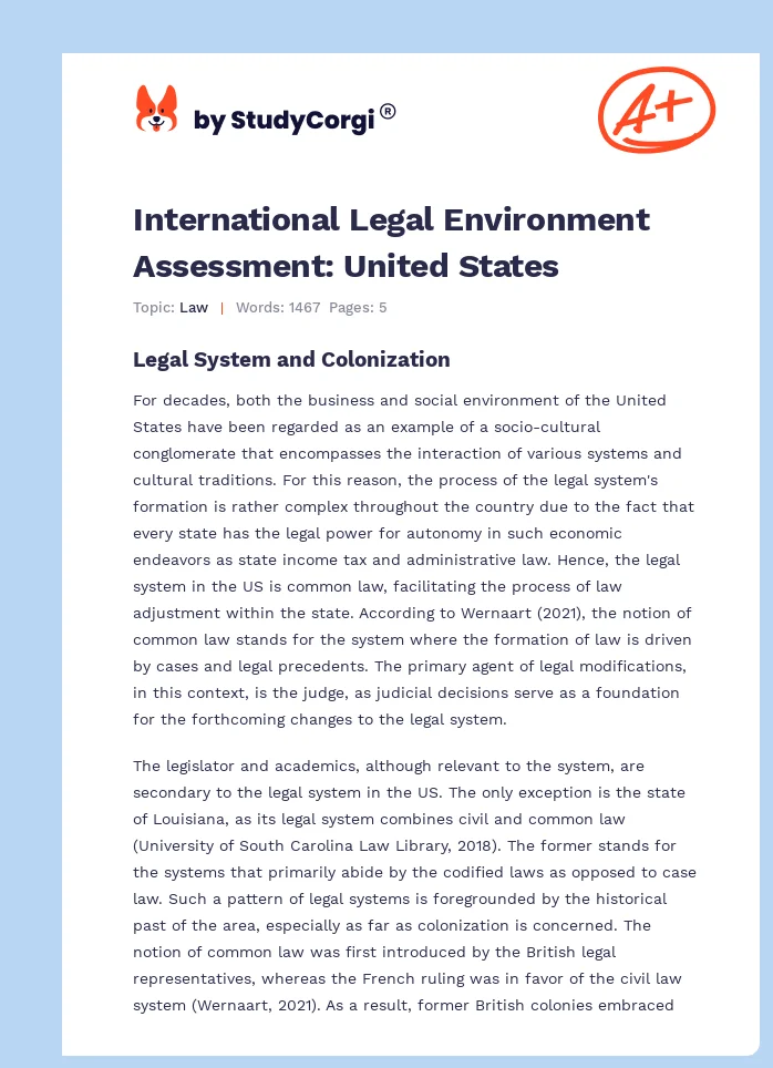 International Legal Environment Assessment: United States. Page 1