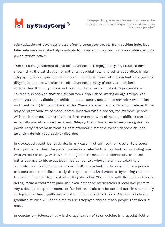 Telepsychiatry as Innovative Healthcare Practice. Page 2