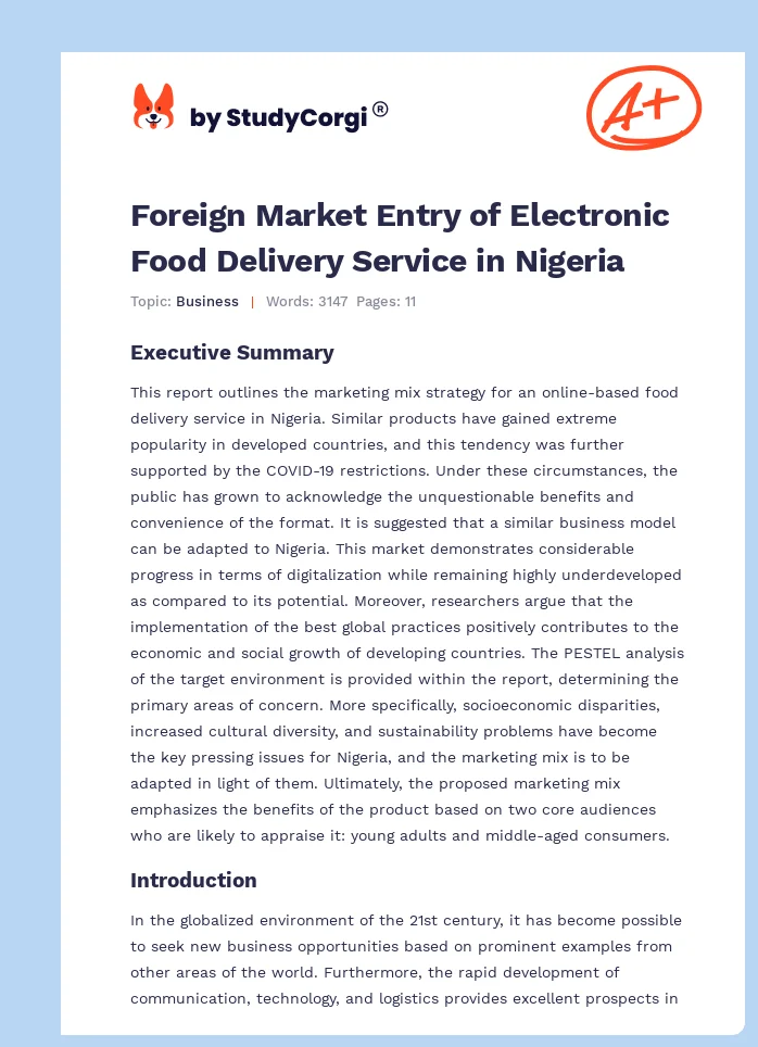 Foreign Market Entry of Electronic Food Delivery Service in Nigeria. Page 1