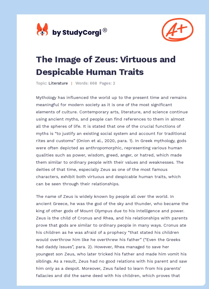 The Image of Zeus: Virtuous and Despicable Human Traits. Page 1