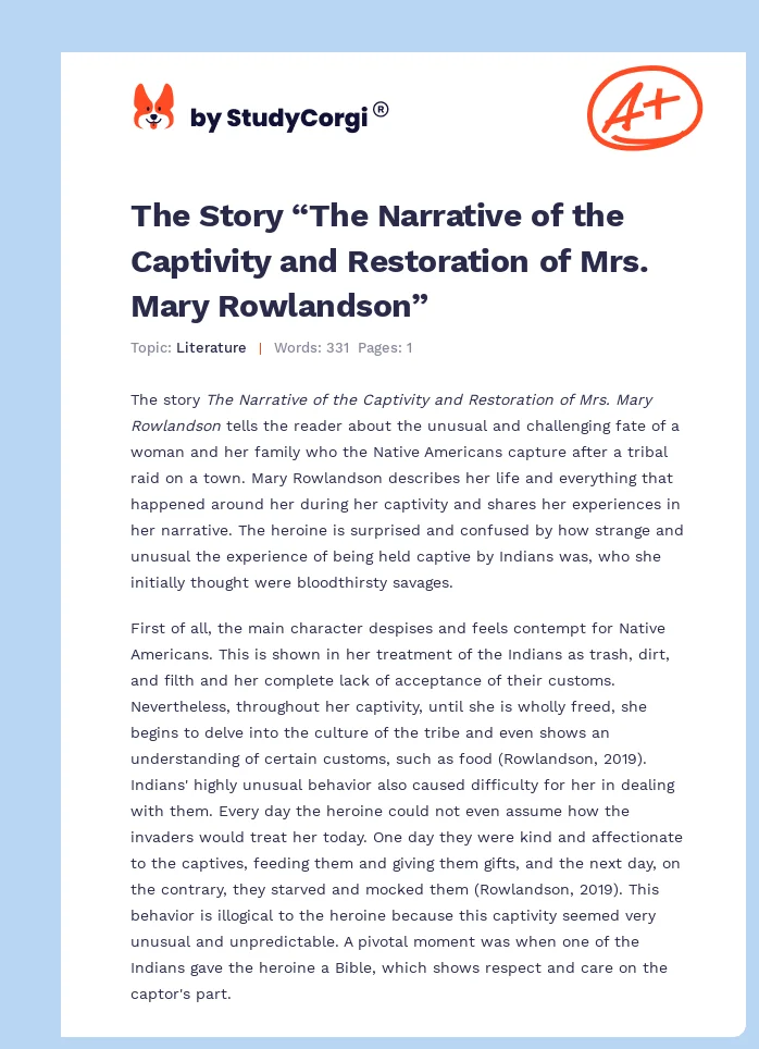 The Story “The Narrative of the Captivity and Restoration of Mrs. Mary Rowlandson”. Page 1