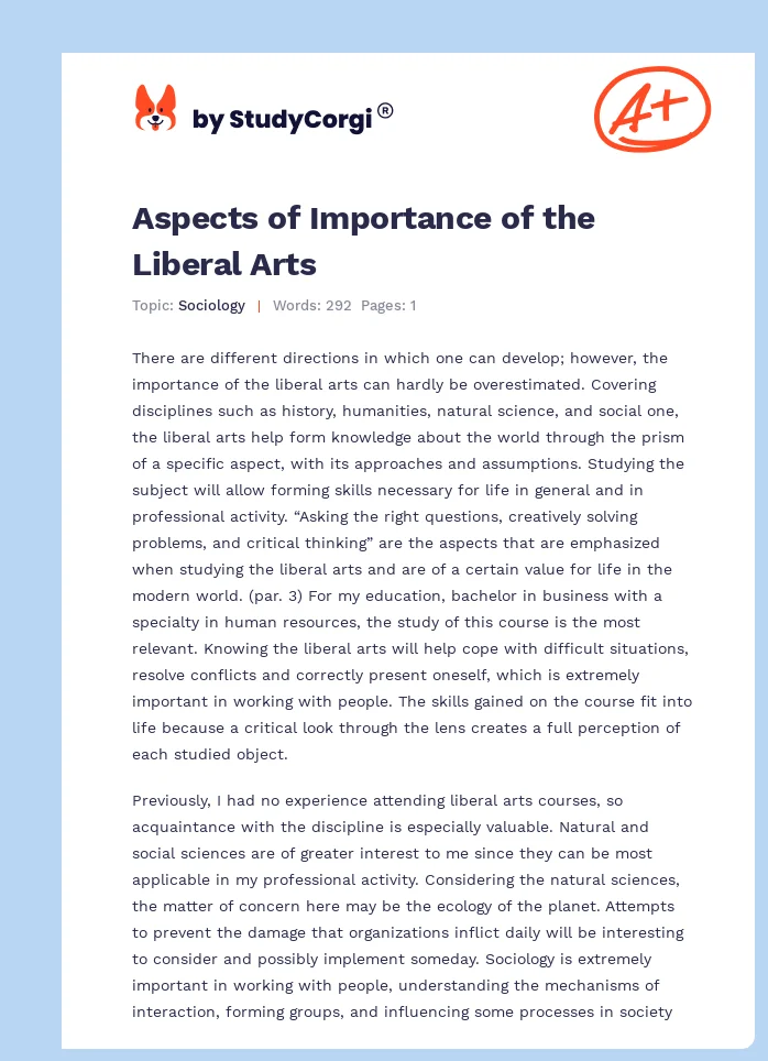 Aspects of Importance of the Liberal Arts. Page 1