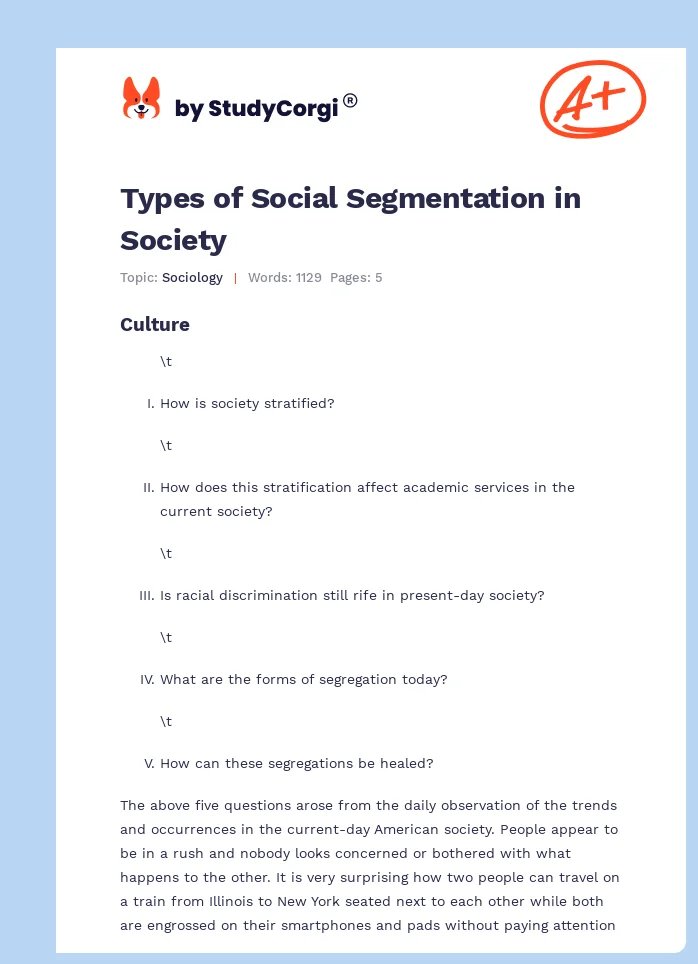 Types of Social Segmentation in Society. Page 1