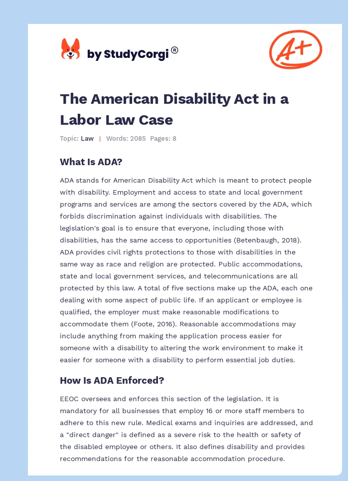 The American Disability Act in a Labor Law Case. Page 1