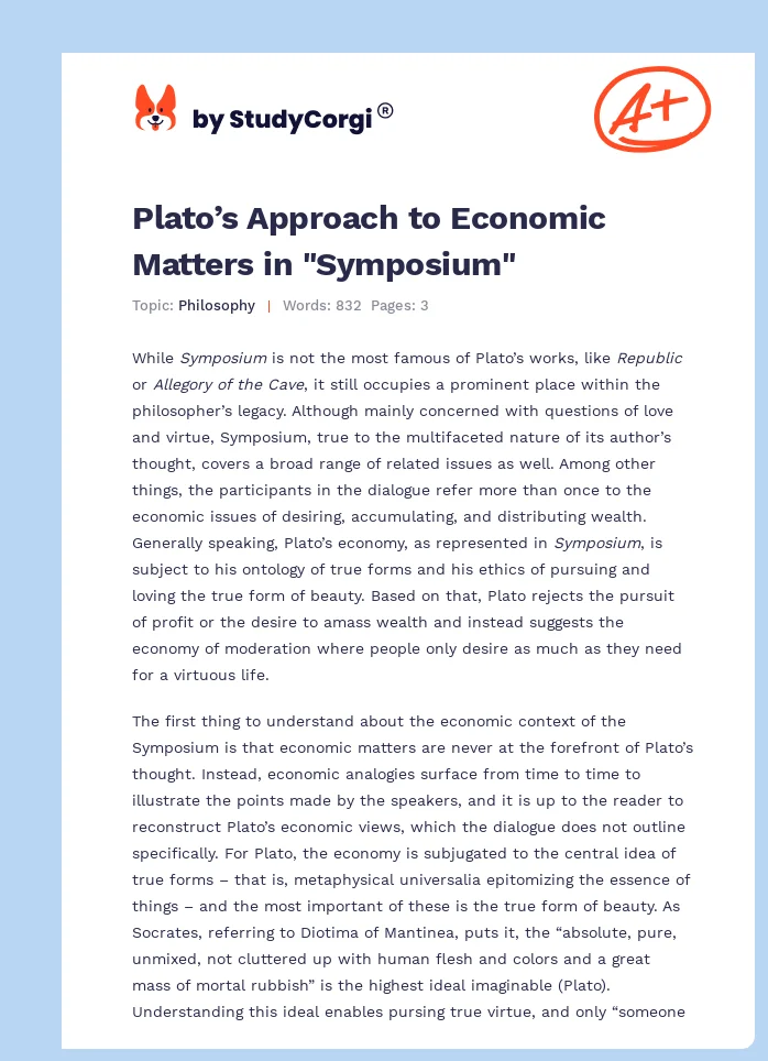 Plato’s Approach to Economic Matters in "Symposium". Page 1