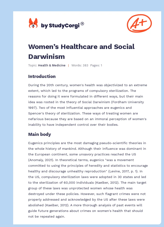 Women’s Healthcare and Social Darwinism. Page 1