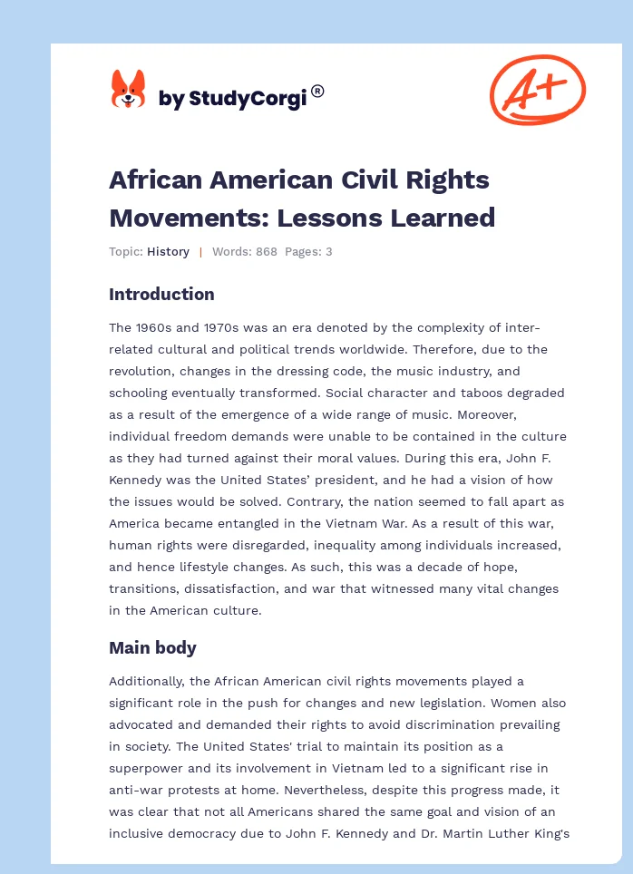 African American Civil Rights Movements: Lessons Learned. Page 1