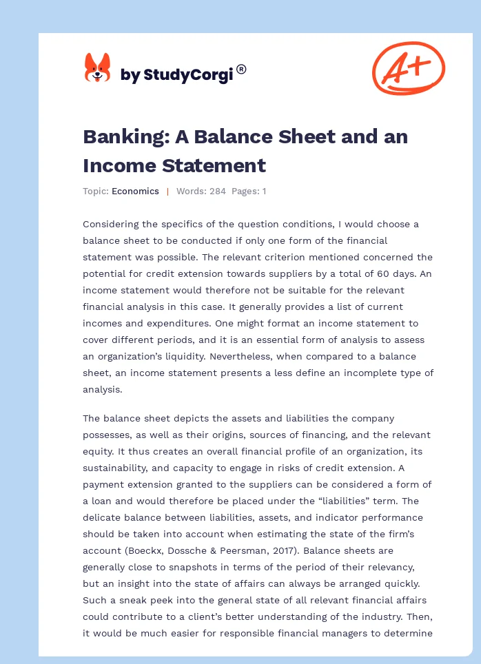 Banking: A Balance Sheet and an Income Statement. Page 1