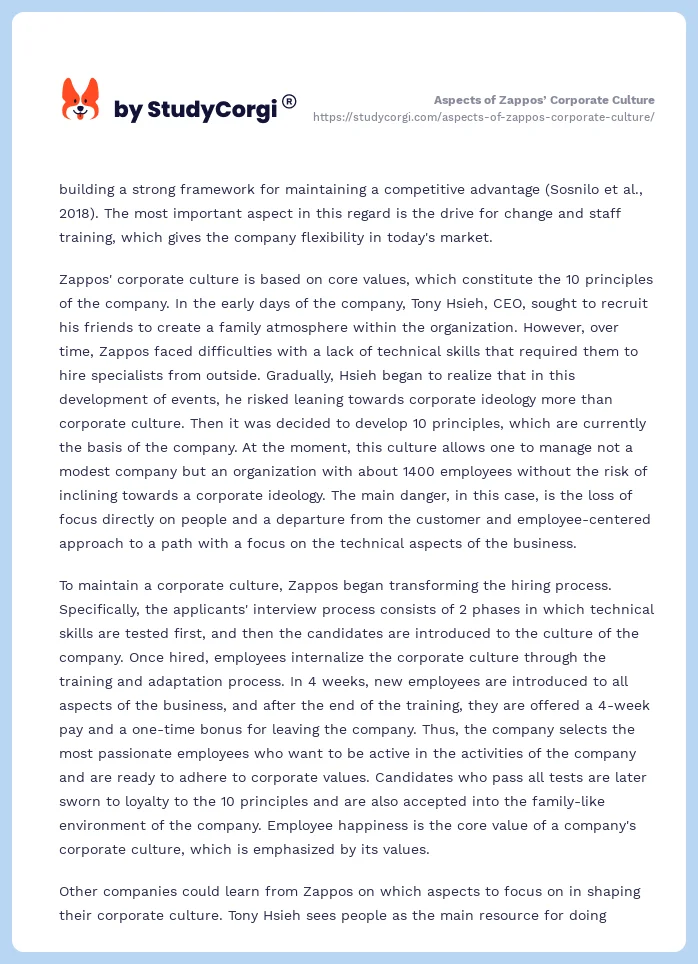 Aspects of Zappos’ Corporate Culture. Page 2