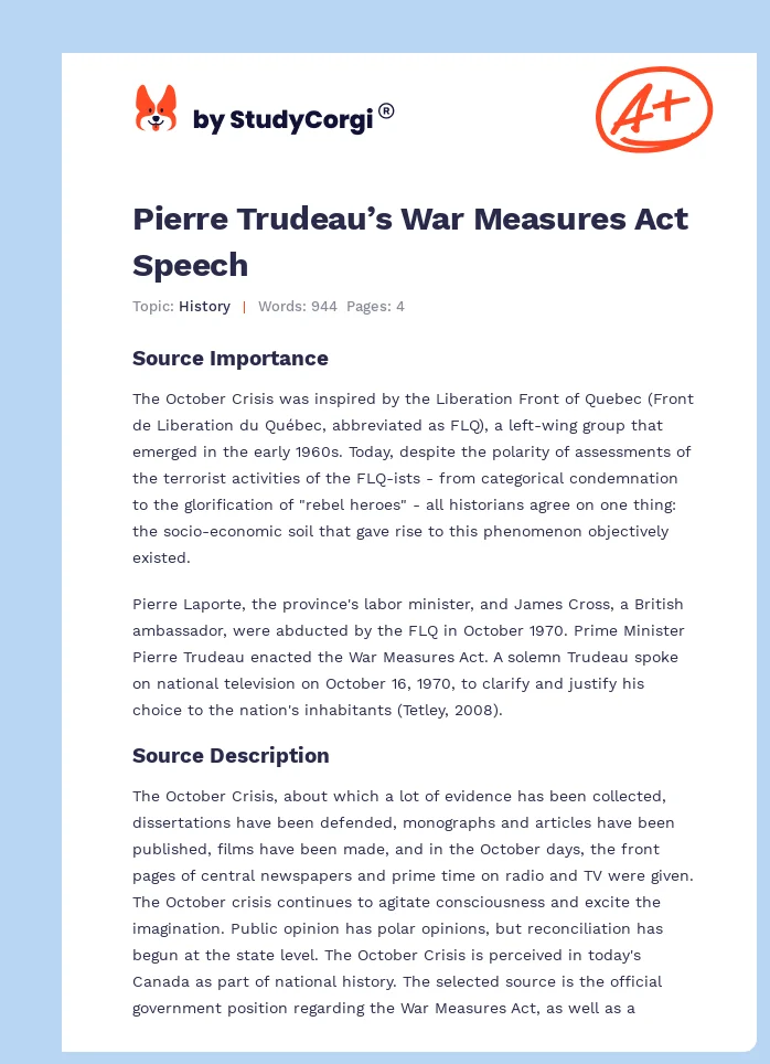 Pierre Trudeau’s War Measures Act Speech. Page 1