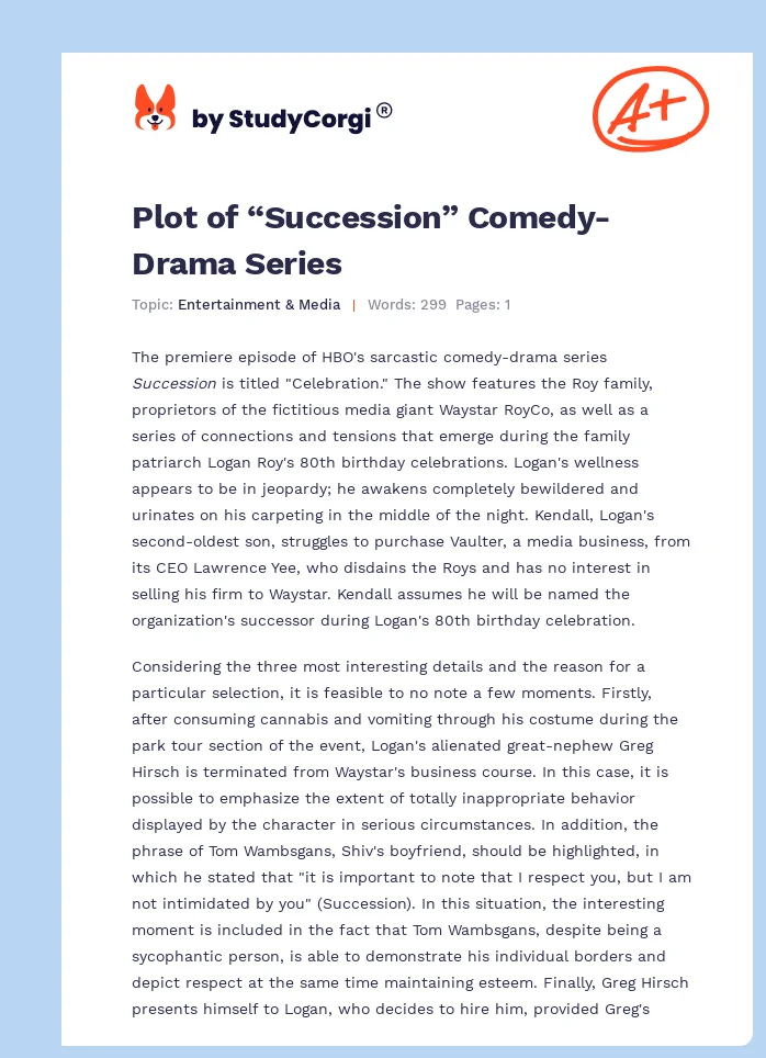 Plot of “Succession” Comedy-Drama Series. Page 1