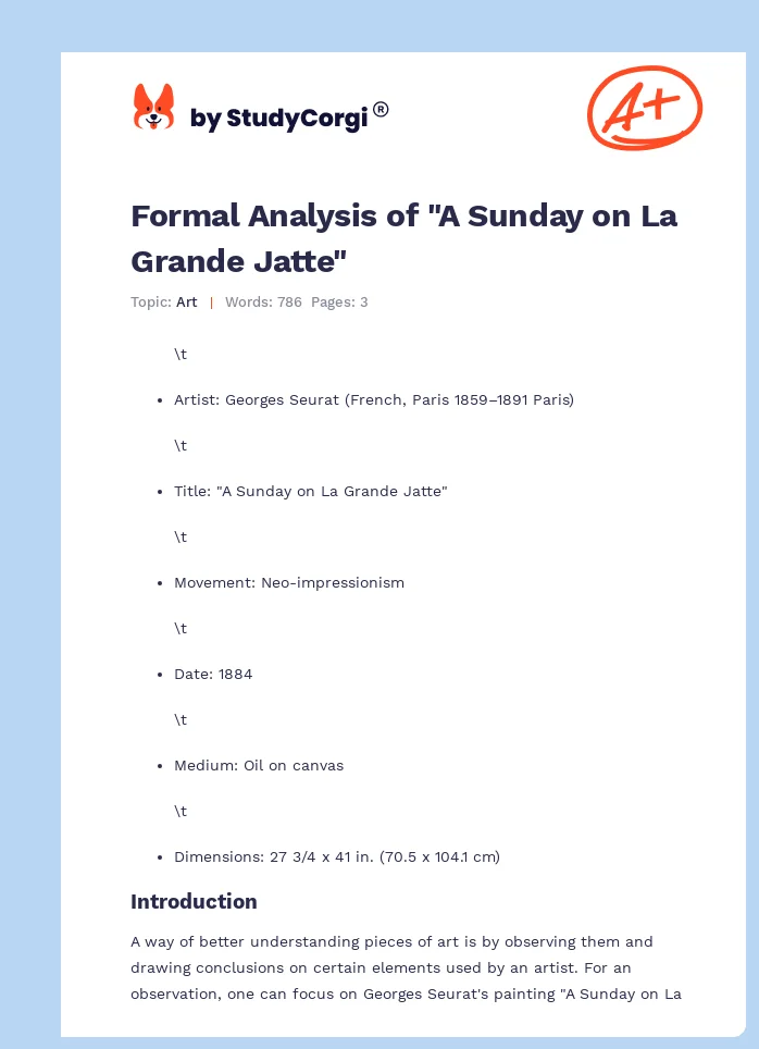 Formal Analysis of "A Sunday on La Grande Jatte". Page 1