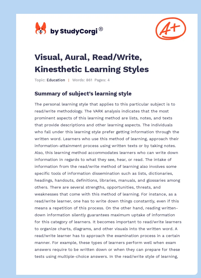 Visual, Aural, Read/Write, Kinesthetic Learning Styles. Page 1