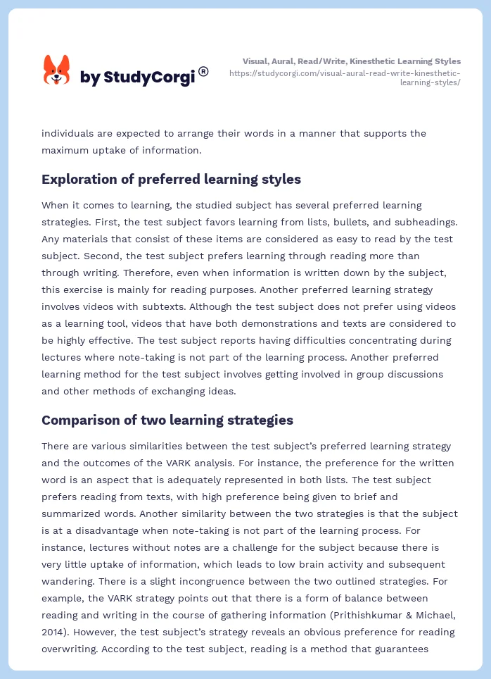Visual, Aural, Read/Write, Kinesthetic Learning Styles. Page 2