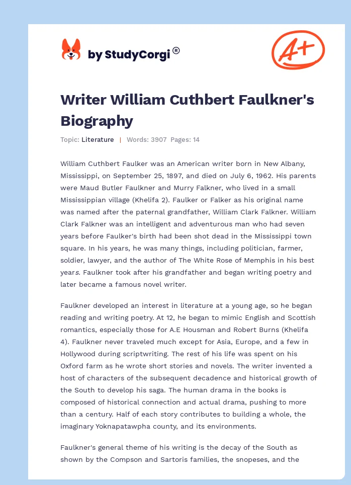 Writer William Cuthbert Faulkner's Biography. Page 1