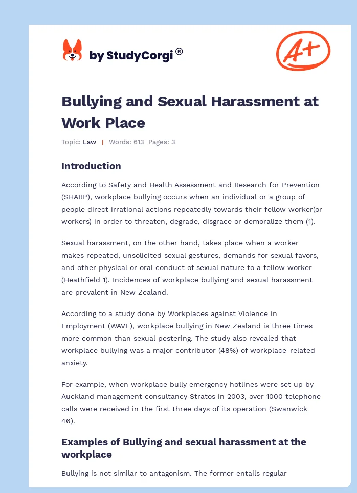 Bullying and Sexual Harassment at Work Place. Page 1