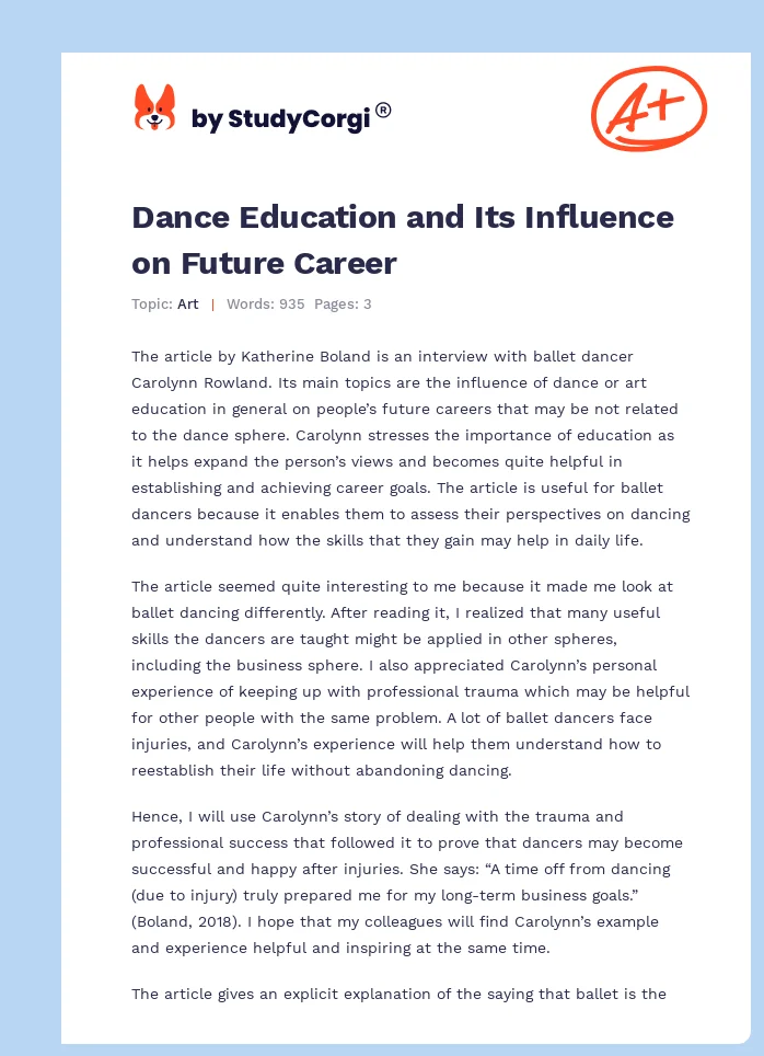 Dance Education and Its Influence on Future Career. Page 1
