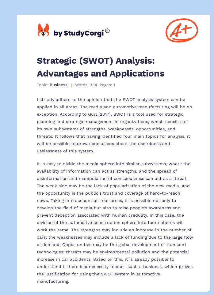 Strategic (SWOT) Analysis: Advantages and Applications. Page 1