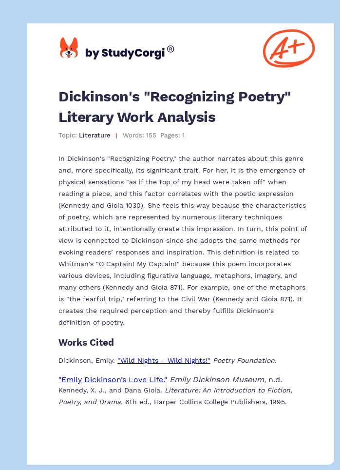 Dickinson's "Recognizing Poetry" Literary Work Analysis. Page 1
