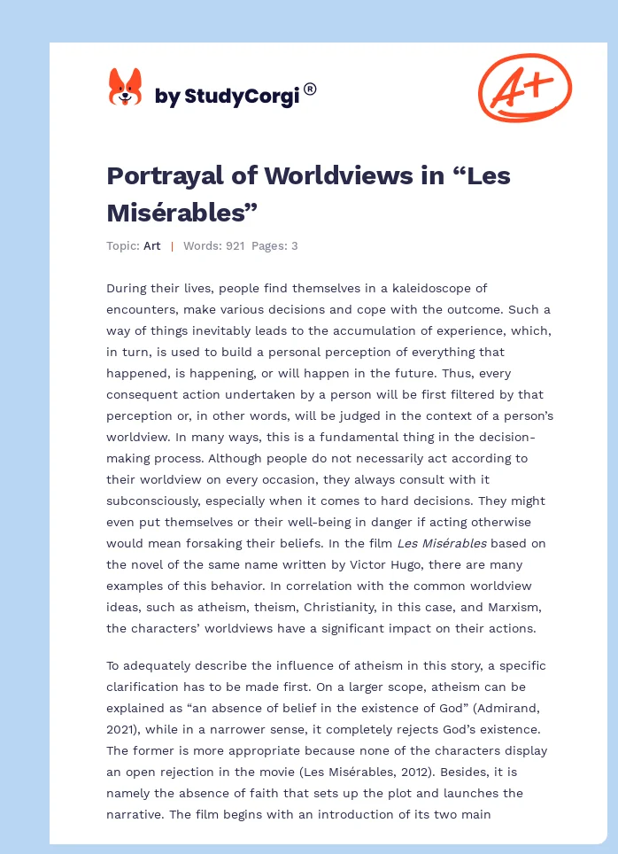 Portrayal of Worldviews in “Les Misérables”. Page 1