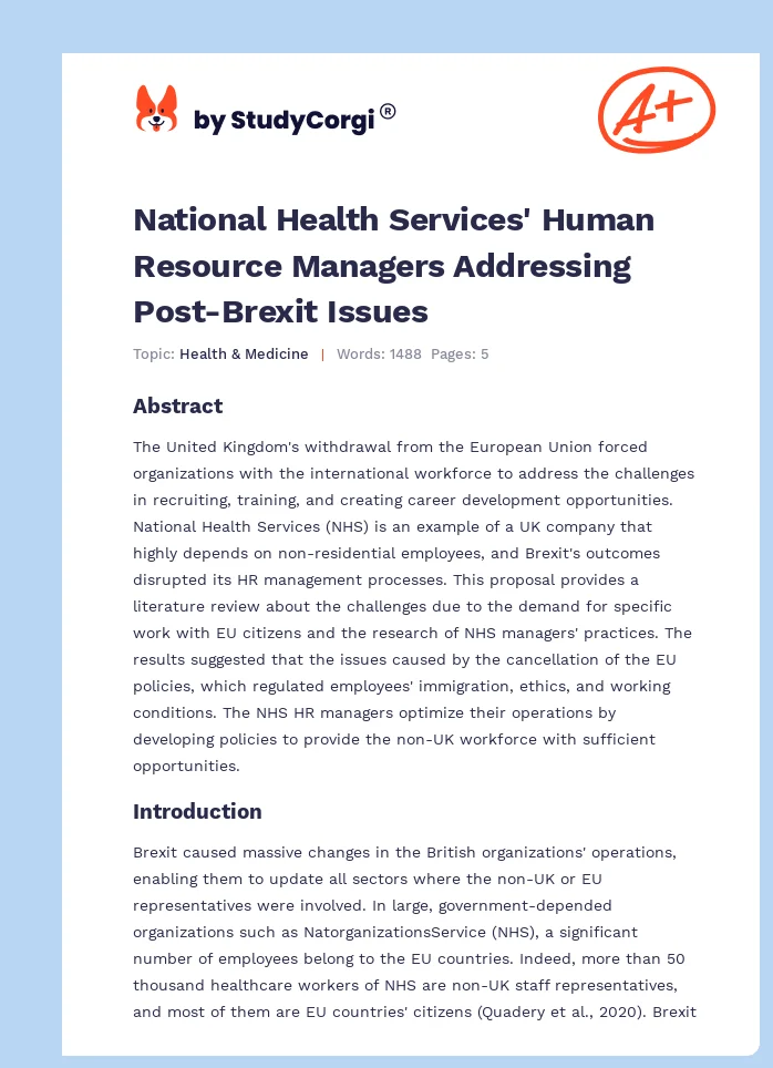 National Health Services' Human Resource Managers Addressing Post-Brexit Issues. Page 1