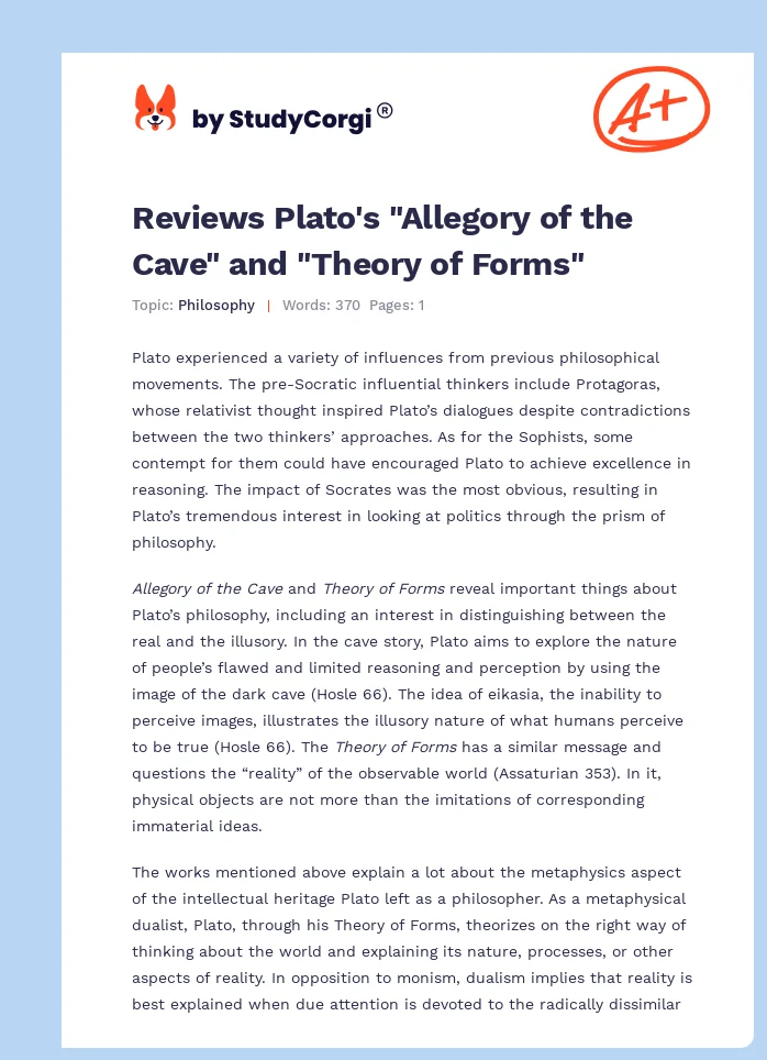 Reviews Plato's "Allegory of the Cave" and "Theory of Forms". Page 1