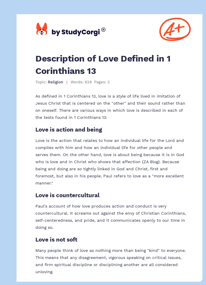 Description of Love Defined in 1 Corinthians 13. Page 1