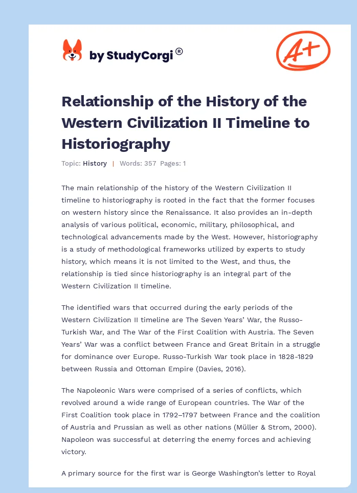 Relationship of the History of the Western Civilization II Timeline to Historiography. Page 1