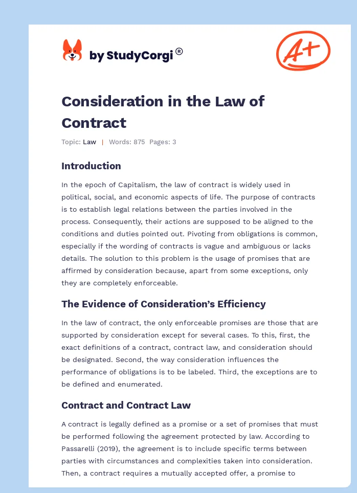 Consideration in the Law of Contract. Page 1