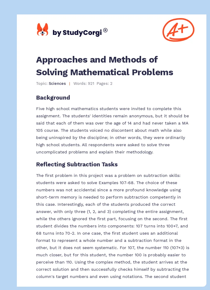 Approaches and Methods of Solving Mathematical Problems. Page 1